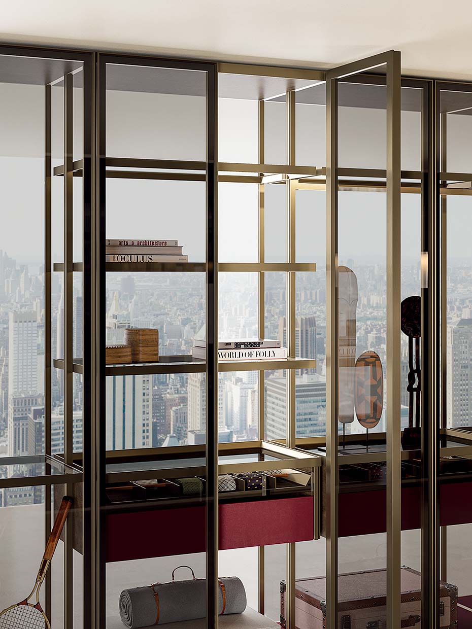 細いアルミフレームが軽やかな印象。ドロワーやシェルフのパーツ、色や素材の組み合わせなどは、持ち物や好みをヒアリングしながらコーディネーターが相談に乗ってくれる。