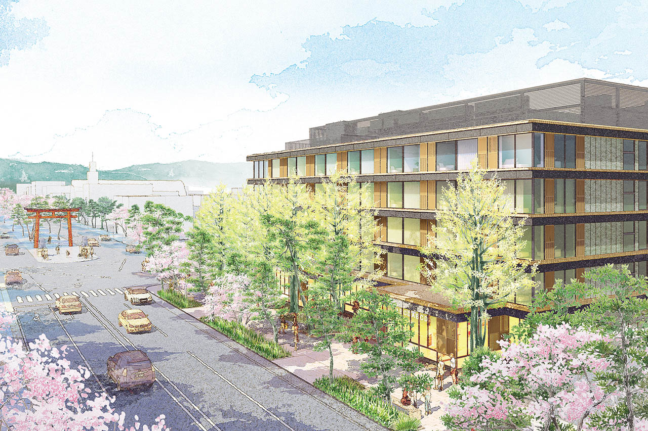 桜とイチョウの木を配した前庭が印象的なホテル外観。１階には「Café&Meal MUJI」と「MUJIcom」が入っている。