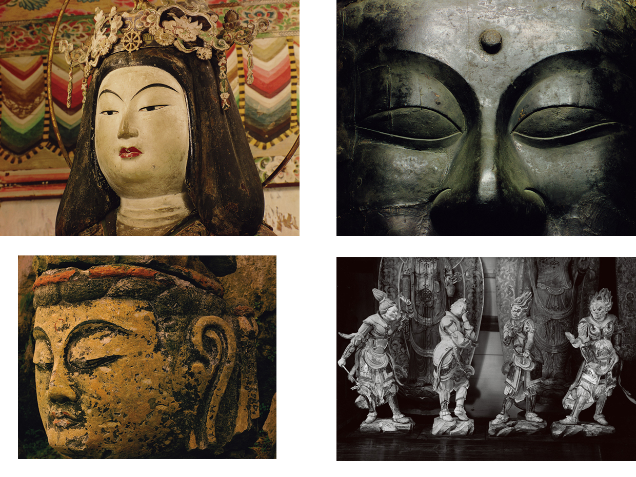 （左上）浄瑠璃寺本堂吉祥天⽴像⾯相　昭和40（1965）年／（右上）⾶⿃寺⾦堂釈迦如来坐像⾯相詳細　昭和39（1964）年／（左下）⾅杵⽯仏群古園⼤⽇如来坐像左半⾯相　昭和37（1962）年／（右下）室⽣寺⾦堂⼗⼆神将⽴像（左から⺒神、未神、申神、⾠神）&emsp;昭和18（1943）年頃&emsp;写真提供／土門拳記念館