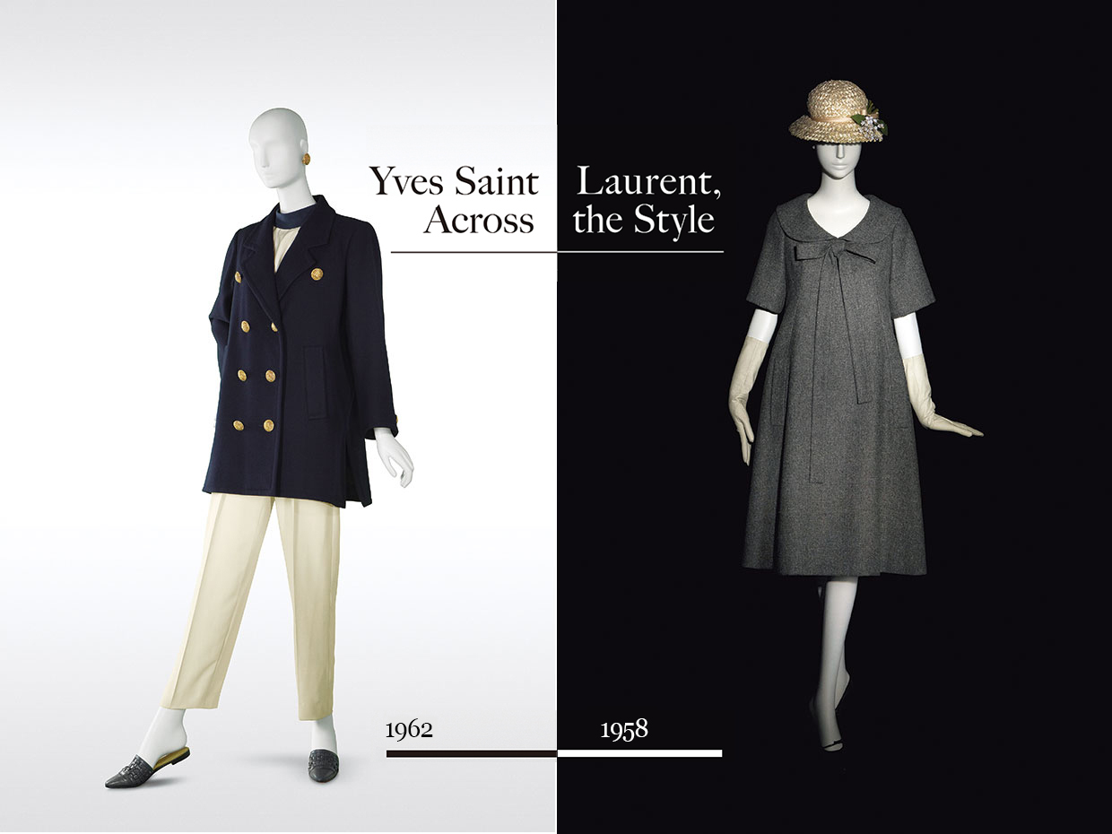 ［右］1958年春夏「トラペーズ・ライン」オートクチュールコレクション&emsp;［左］イヴ・サンローラン、1962年春夏オートクチュールコレクション